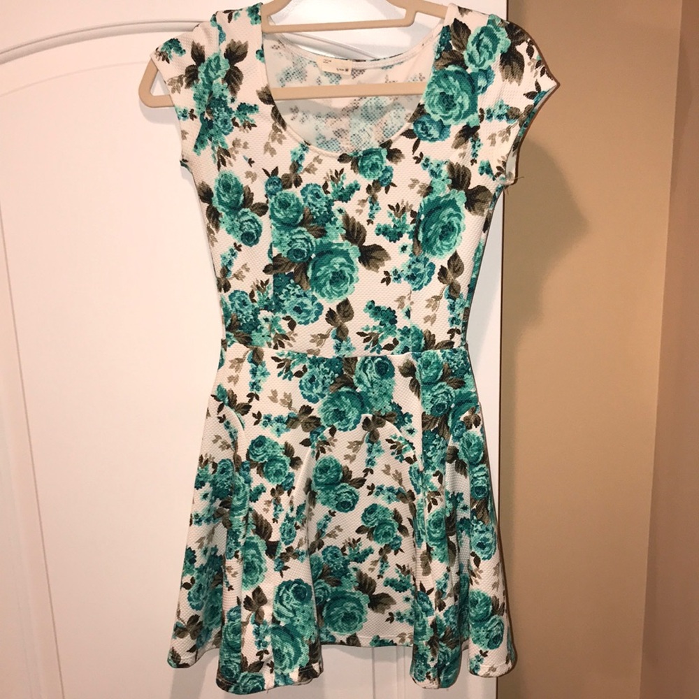 White and teal formal floral dress